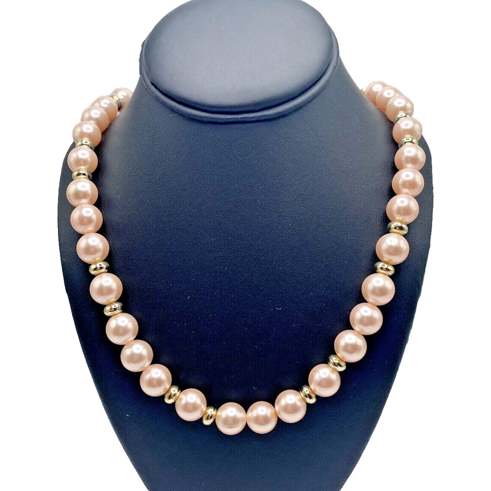 Vintage Faux Pearl Gold Tone Beaded Necklace Blush Pink Classic Retro 25" - Picture 1 of 5